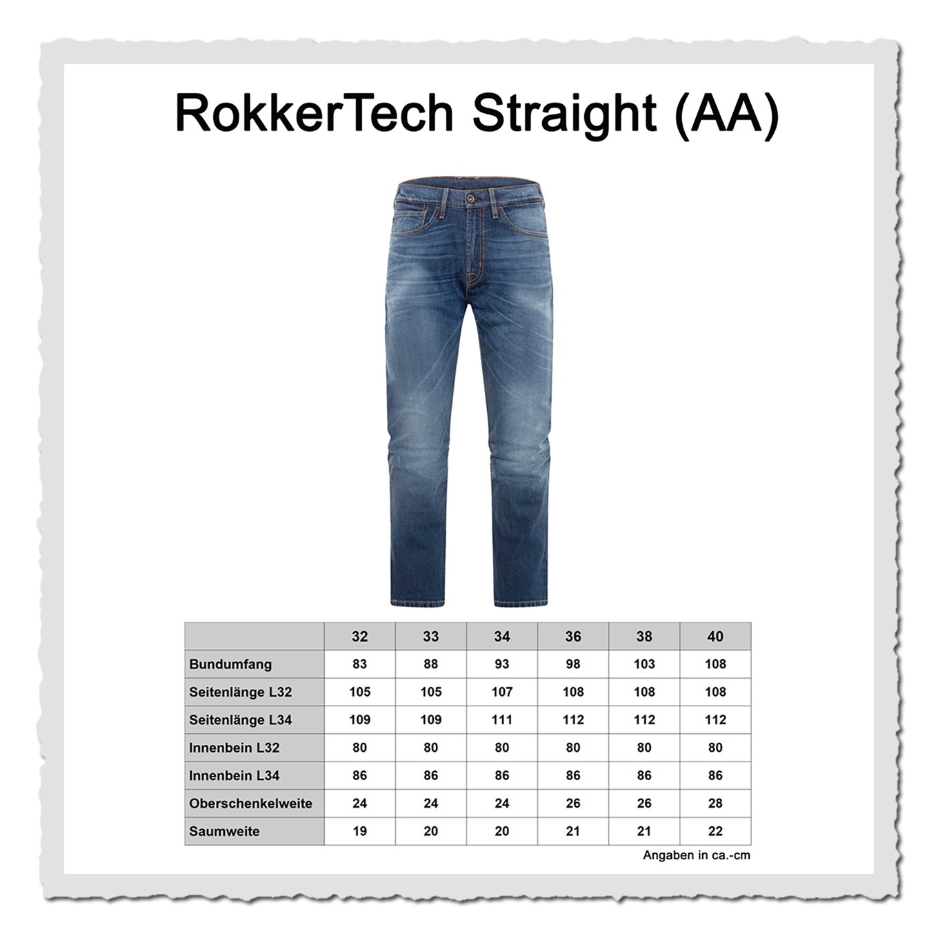 Masstabelle zur Hose RockerTech Straight AA mit Messwerten und freigestellter Hose auf weissem Grund